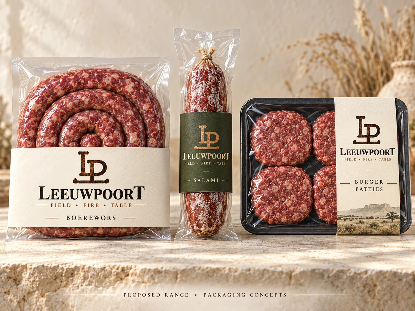 Boerewors, salami and burger-patty packaging concepts